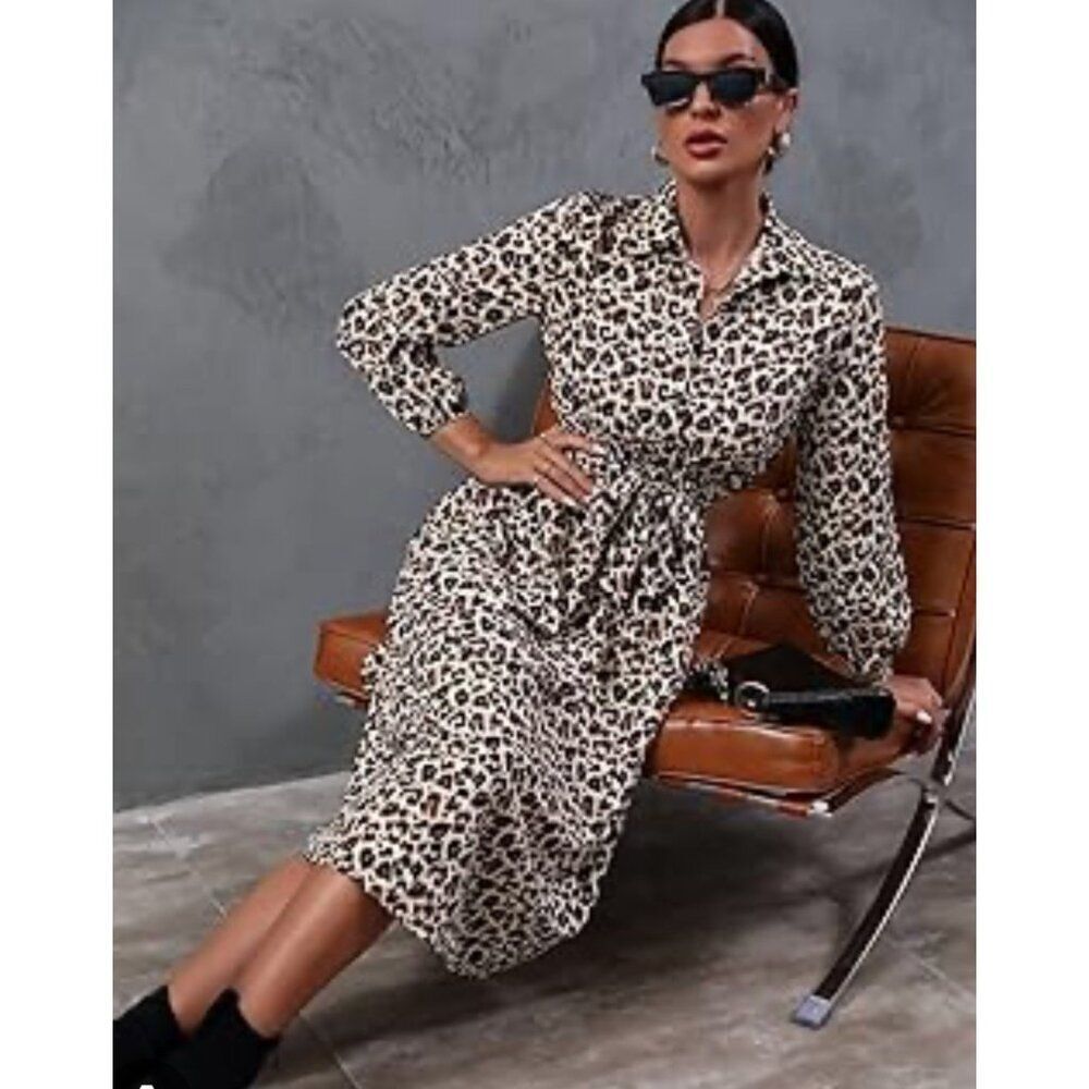 LDT Women Animal Print Long Sleeve Shirt Dress Size 14